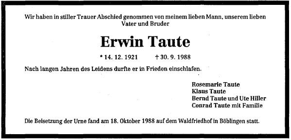 Taute Erwin 1921-1988 Todesanzeige